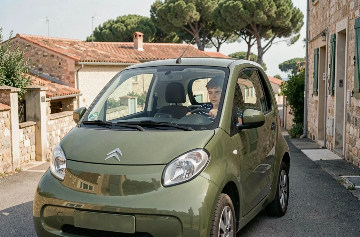 Adolescent conduisant une Citroën Ami verte dans un village côtier provençal, montrant l'accessibilité des voiturettes sans permis pour les jeunes conducteurs