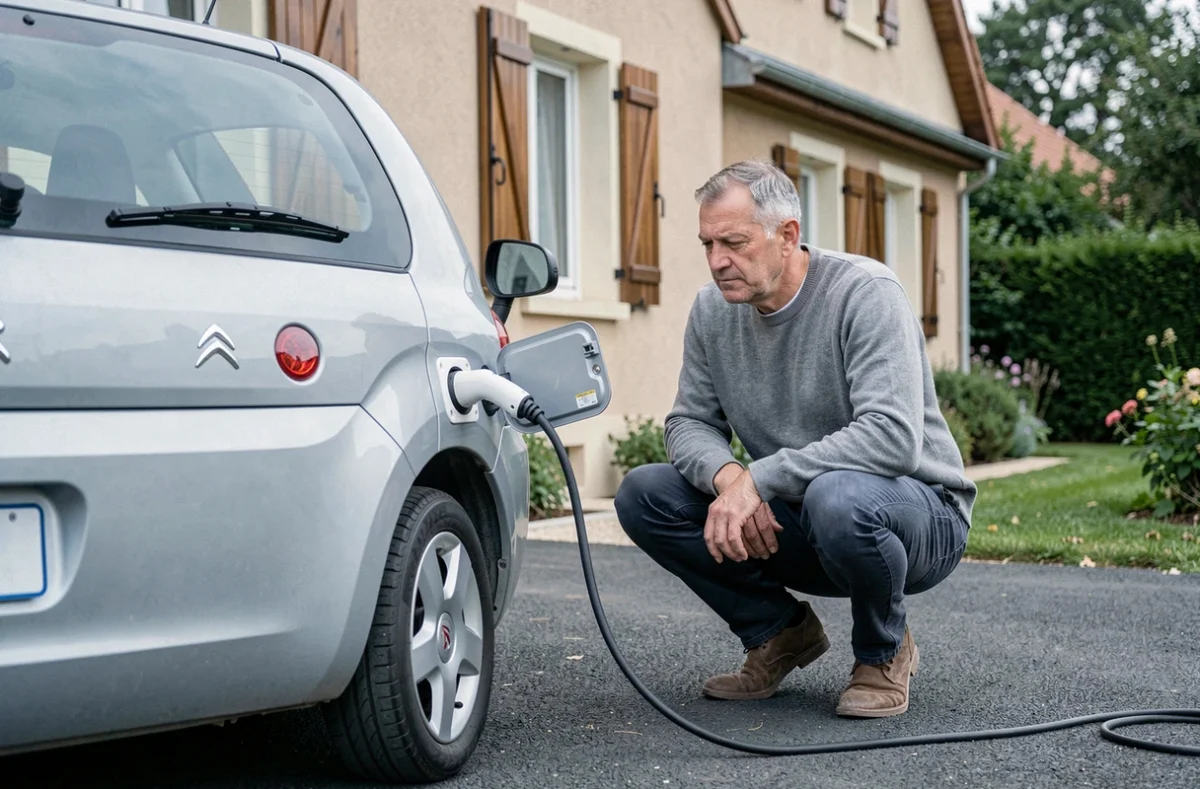 Homme rechargeant une Citroën Ami sur une prise domestique dans un pavillon de banlieue, illustrant la praticité et le faible coût d'utilisation des voitures sans permis électriques