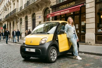 Jeune femme appuyée contre une Citroën Ami jaune garée sur des pavés parisiens, illustrant la popularité des voitures sans permis en milieu urbain