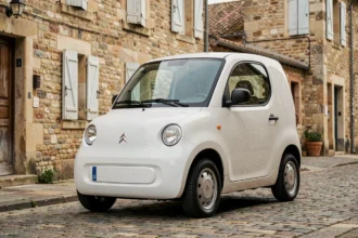 Citroën Ami voiture sans permis blanche garée dans une rue pavée d'un village français