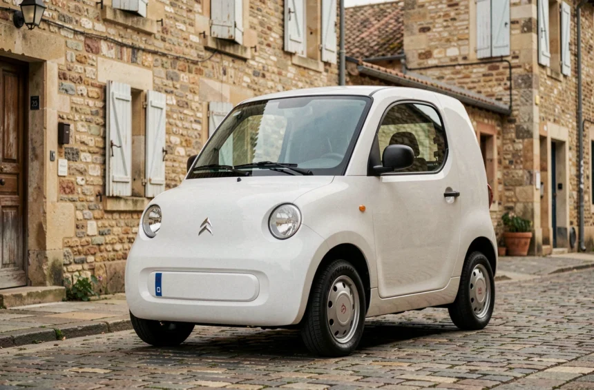 Citroën Ami voiture sans permis blanche garée dans une rue pavée d'un village français