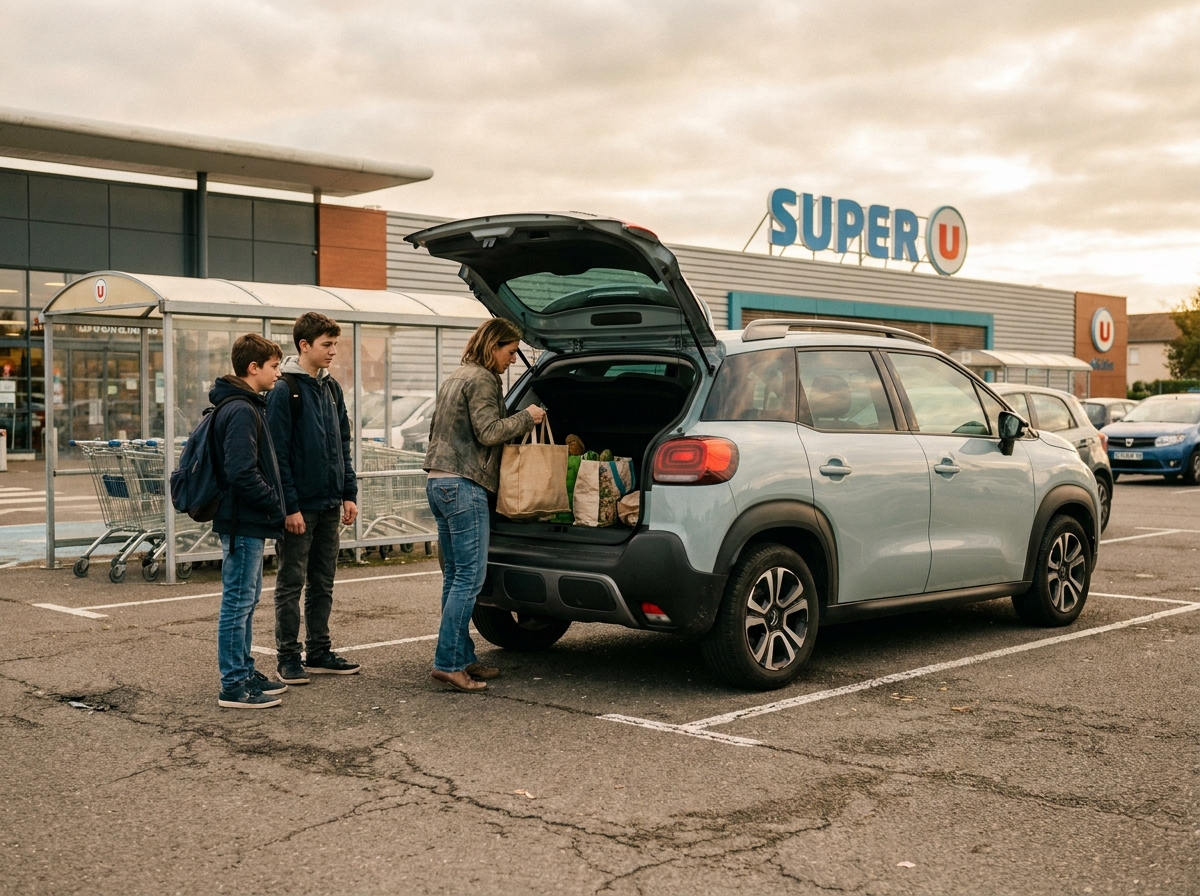 Citroën C3 Aircross gris garé devant un supermarché, une femme chargeant des courses dans le coffre avec sa famille en arrière-plan