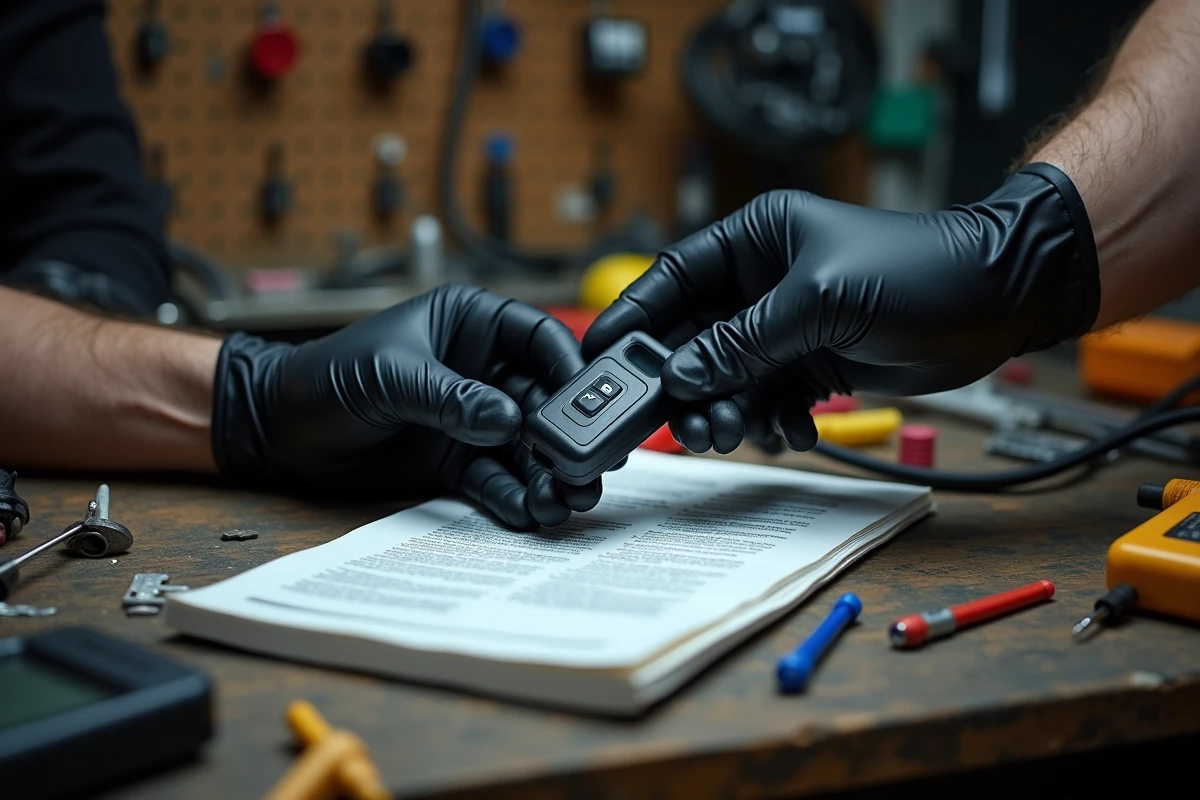 Clé transpondeur et manuel d'utilisation Renault Clio 2 posés sur un établi d'atelier pour désactiver l'anti-démarrage