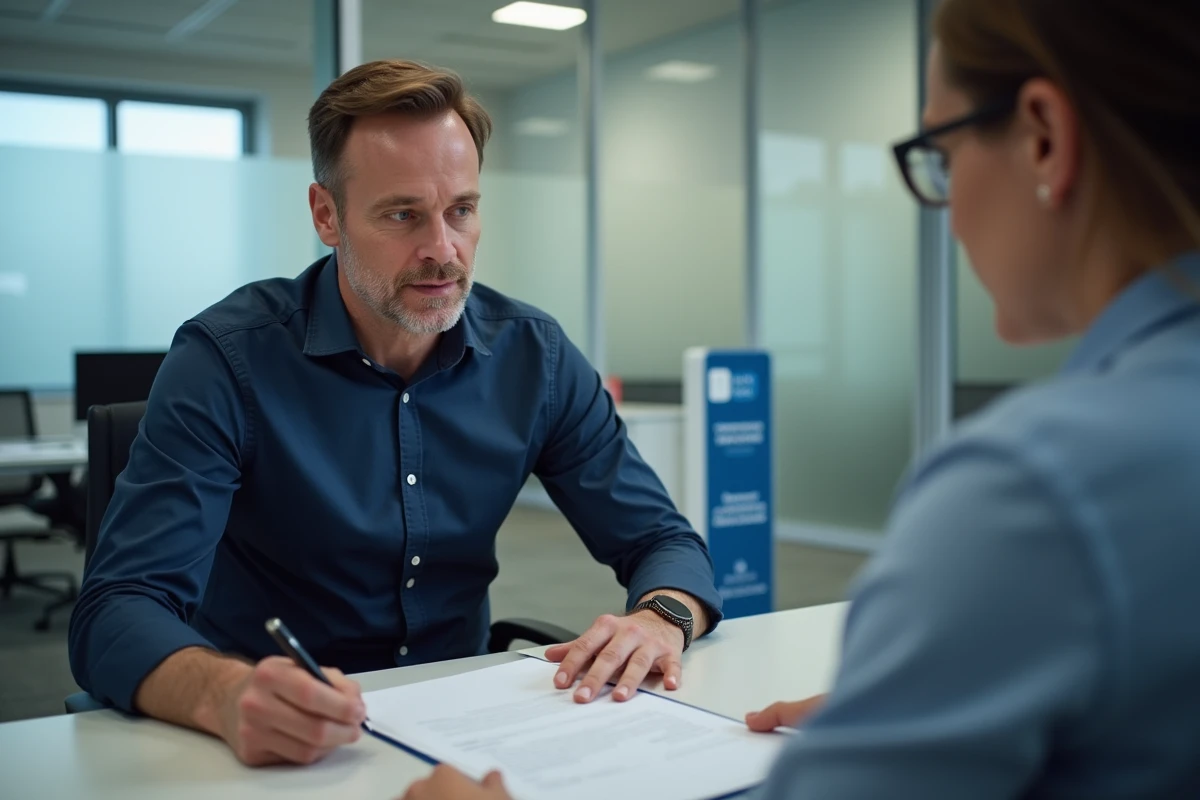 Client discutant d'un refus de résiliation d'assurance auto avec un conseiller en agence avant la fin du contrat d'un an