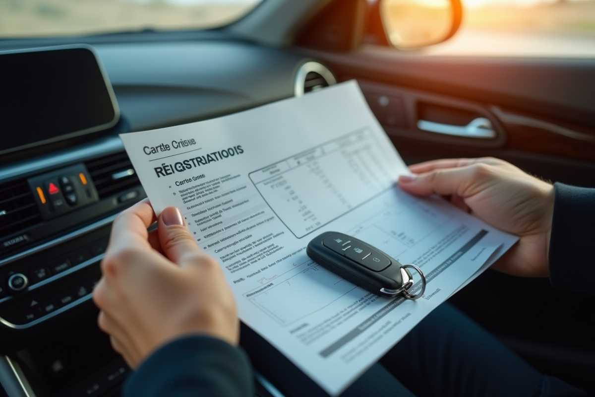 Mains tenant une carte grise et des clés de voiture sur le tableau de bord