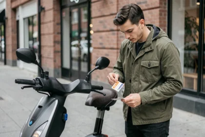 Homme collant une vignette d'assurance sur son scooter en milieu urbain