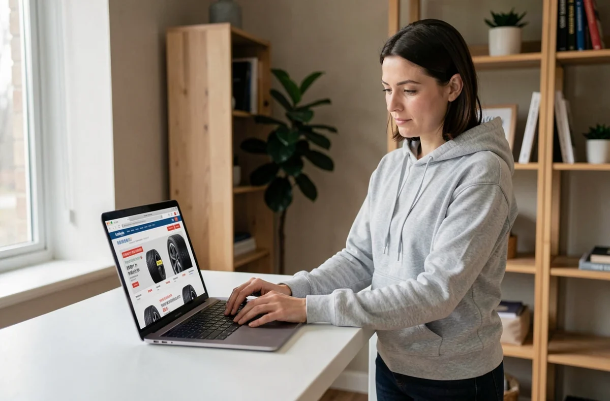Femme commandant des pneus 365 en ligne depuis son domicile sur un ordinateur portable