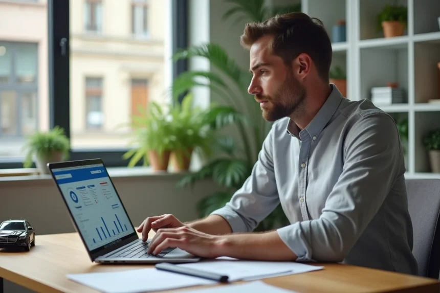 Homme comparant des offres d'assurance auto en ligne sur un ordinateur portable dans un bureau à domicile moderne