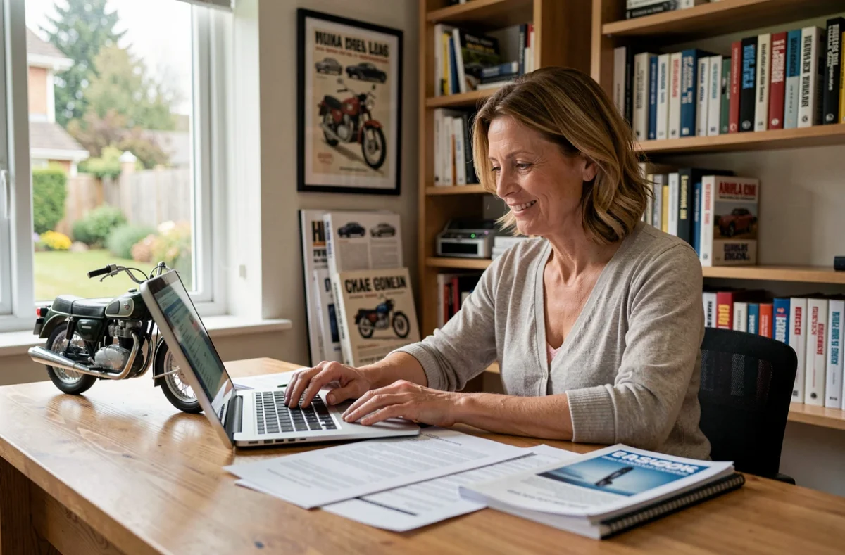 Femme consultant des documents d'assurance moto de collection sur son bureau avec un ordinateur portable