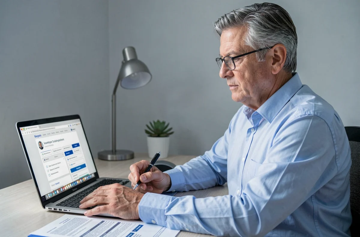 Homme comparant des contrats d'assurance auto sur ordinateur dans un bureau à domicile