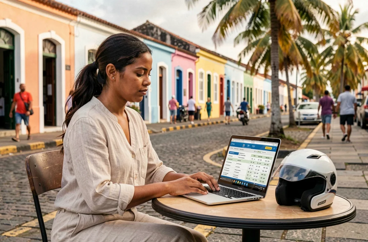 Femme comparant des devis d'assurance moto en ligne depuis un café en plein air à Saint-Denis La Réunion