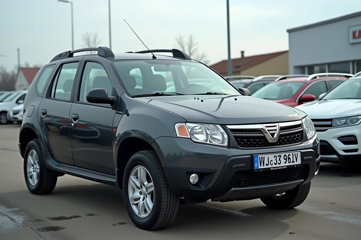 Comparaison entre un nouveau Lada Niva 4x4 et un SUV d'occasion c&ocirc;te &agrave; c&ocirc;te dans un parking de concessionnaire automobile