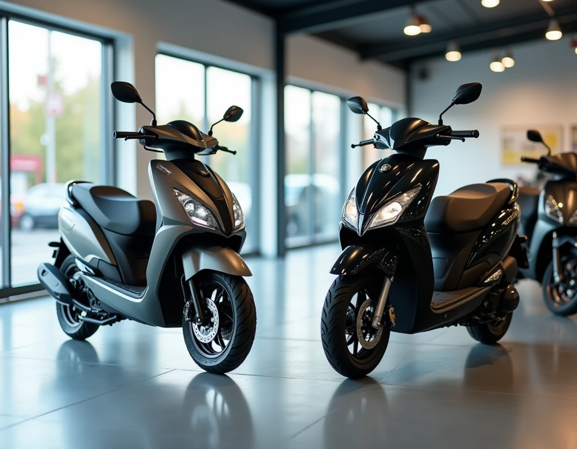 Scooter 3 roues et moto 125 côte à côte dans une concession, comparaison visuelle des deux types de véhicules et de leurs permis respectifs