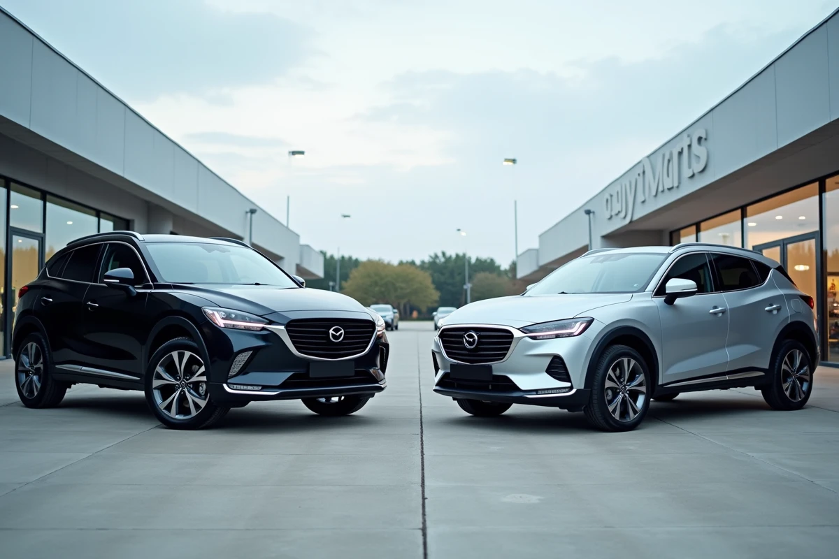 Comparaison côte à côte d'un SUV premium noir et d'une berline familiale argent dans un showroom automobile