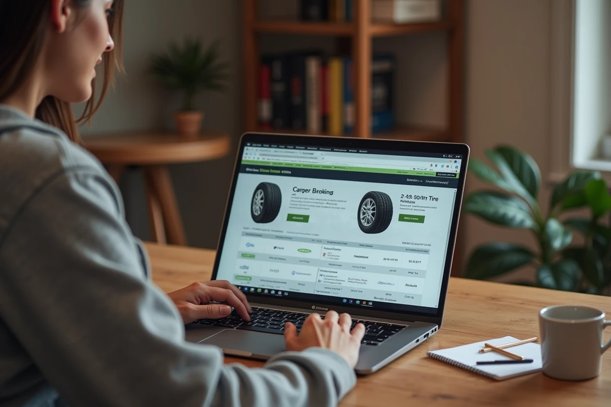 Femme comparant deux tailles de pneus sur un site web depuis son bureau à domicile avec des notes manuscrites