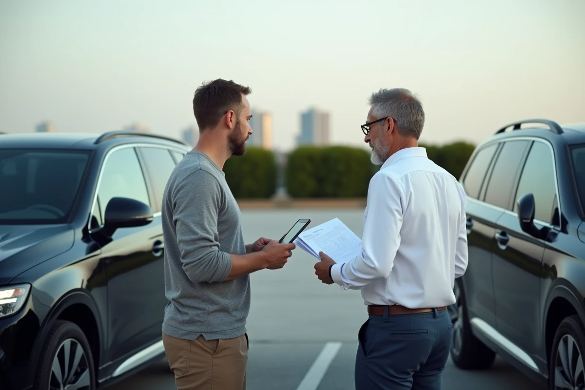 Deux hommes comparant des voitures de prestige dans un parking de mandataire auto haut de gamme