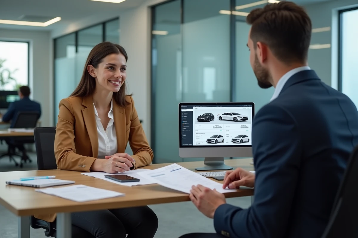 Femme consultant un mandataire auto premium pour comparer des offres de véhicules de prestige