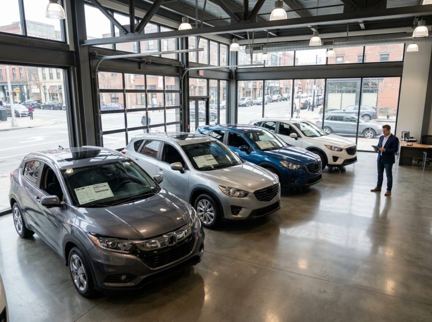 Vue large d'un showroom automobile moderne présentant plusieurs SUV neufs alignés avec étiquettes de prix visibles
