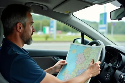 Conducteur consultant une carte routière de France assis dans sa voiture garée sur une aire d'autoroute française