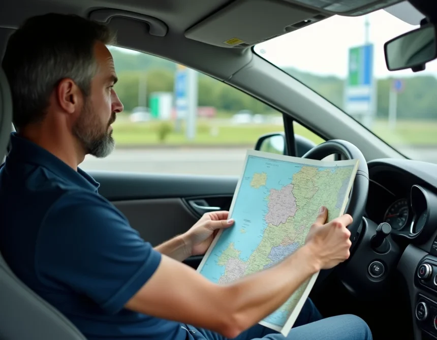 Conducteur consultant une carte routière de France assis dans sa voiture garée sur une aire d'autoroute française