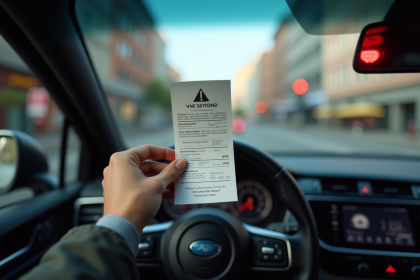 Main du conducteur tenant un ticket de contravention devant une voiture moderne
