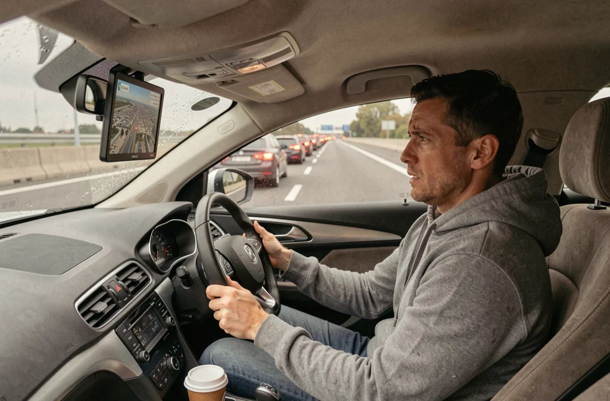 Conducteur stressé bloqué dans les embouteillages sur le périphérique de Caen consultant son GPS