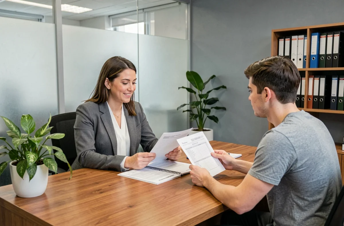 Conseillère en assurance expliquant un contrat de scooter 50cc à un jeune client dans une agence moderne