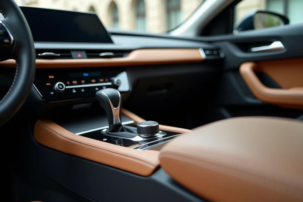 Console centrale de la Peugeot 308 2026 avec sellerie cuir cousu, sélecteur de vitesses et incrustations bois et chrome