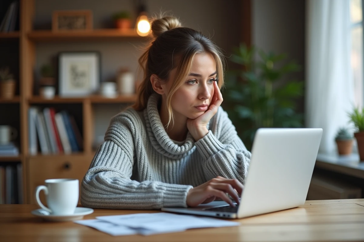 Femme recherchant des alternatives en ligne après la fermeture de Dinatel Auto, illustrant l'impact sur les consommateurs automobiles
