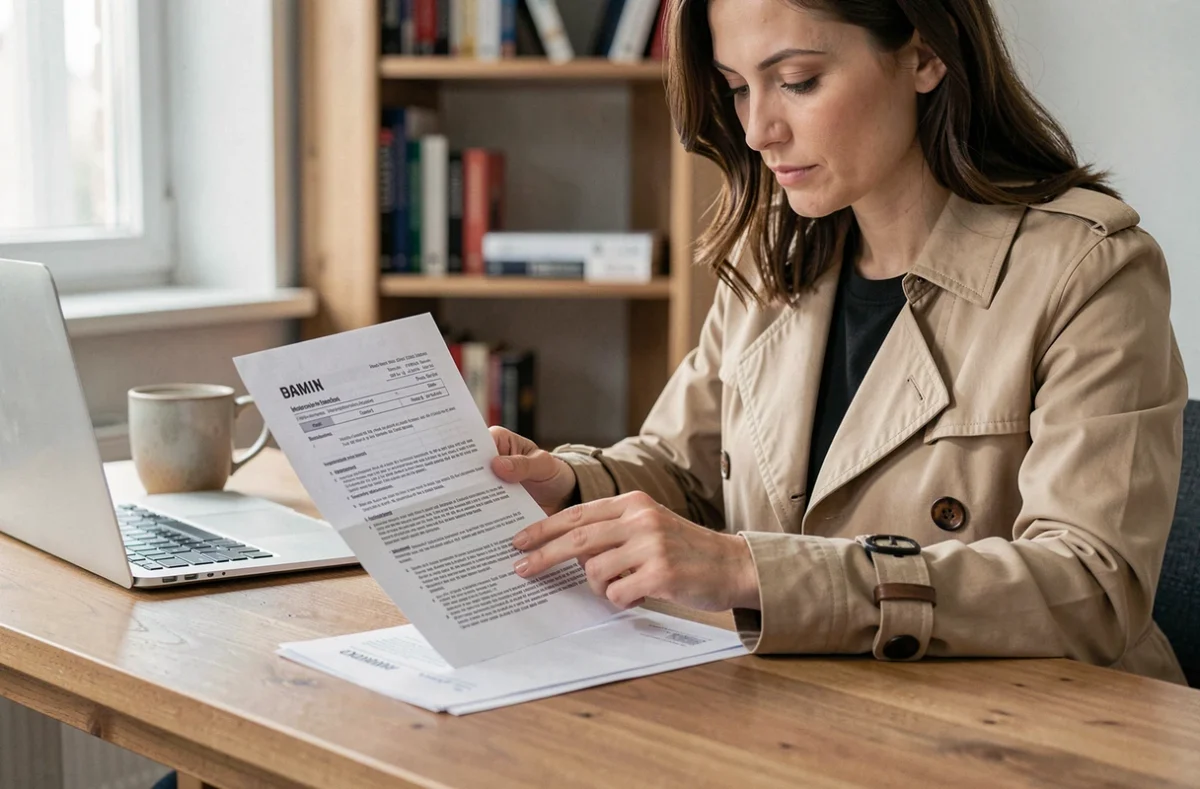 Femme analysant attentivement son contrat d'assurance auto tiers à son bureau à domicile