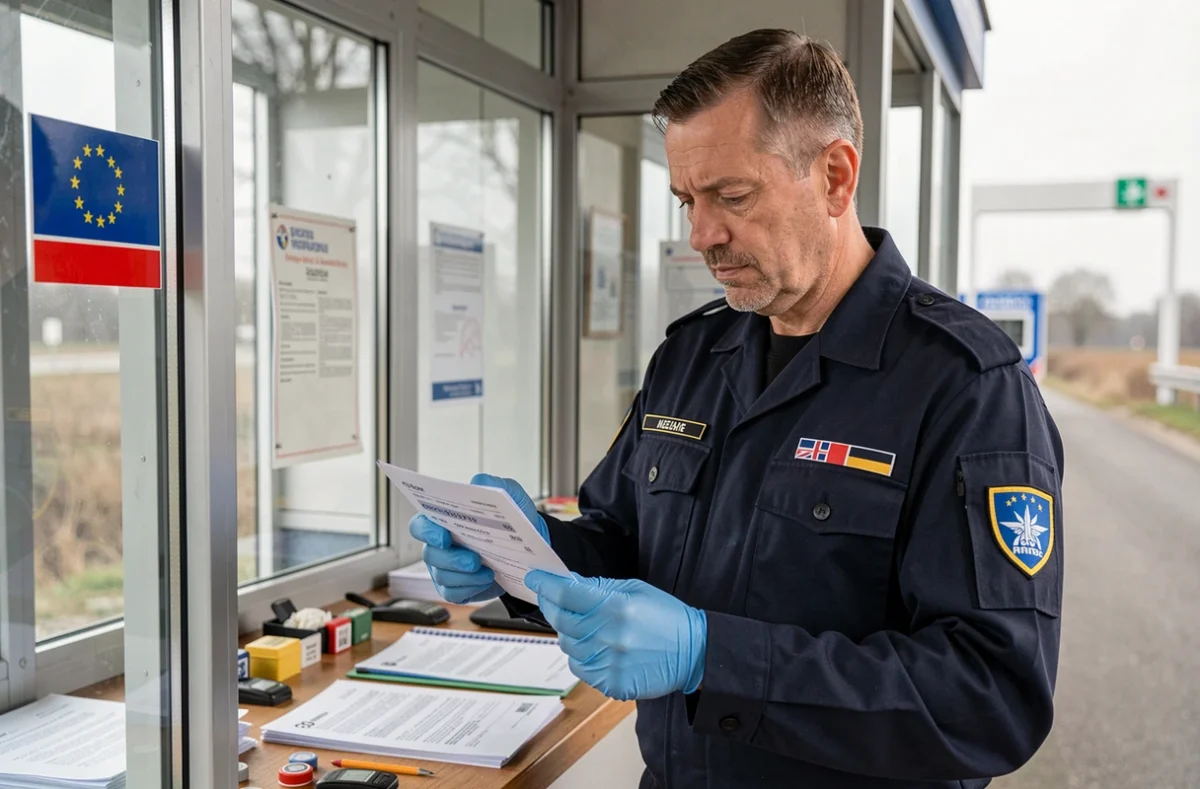 Agent de contrôle frontalier européen inspectant un document d'immatriculation d'un véhicule britannique à un poste frontière, contexte Brexit