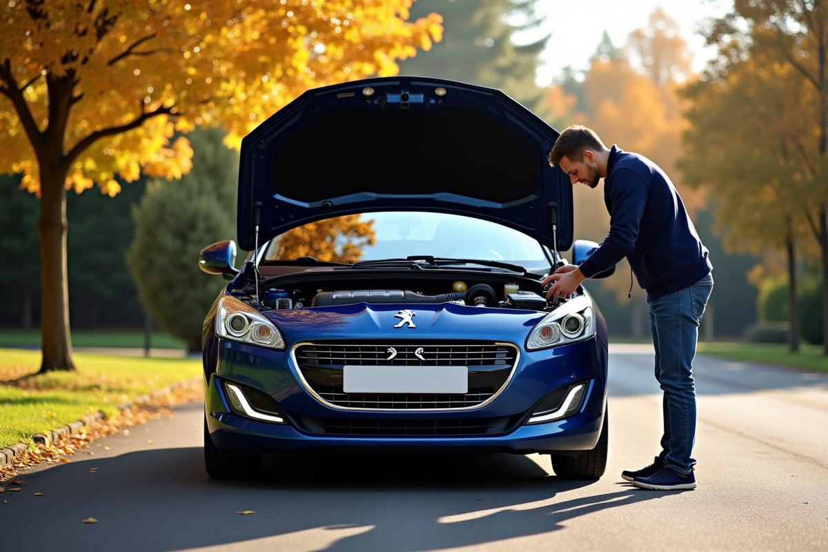 Voiture Peugeot 308 GT avec capot ouvert en extérieur