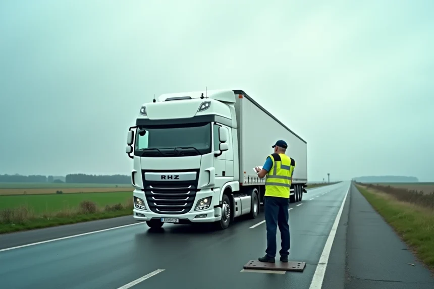 Inspecteur routier contrôlant les documents d'une semi-remorque 44 tonnes lors d'une pesée sur route en France