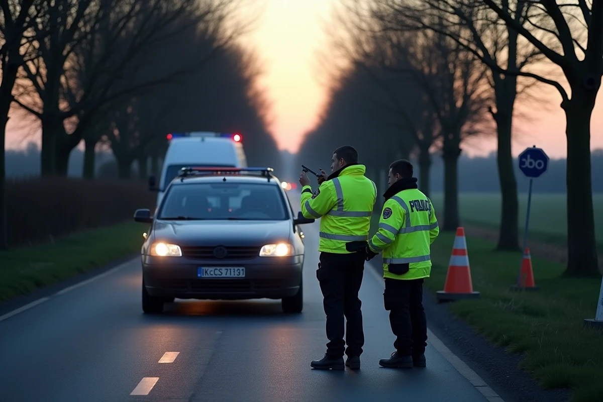 Contrôle de police routier avec éthylotest sur une route française