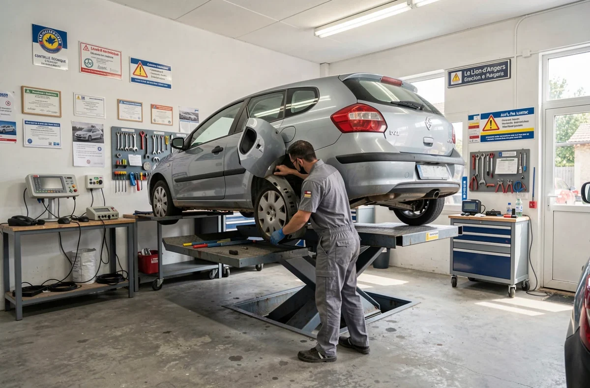 Technicien du Contrôle Technique Lionnais au Lion-d'Angers effectuant une inspection sous carrosserie sur une voiture surélevée