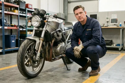 Mécanicien effectuant un contrôle technique moto dans un garage d'inspection officiel en 2026
