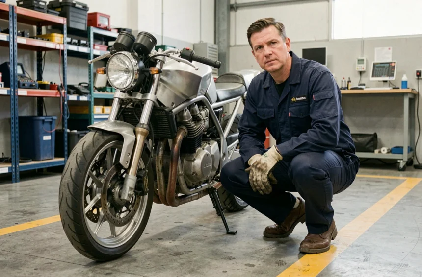 Mécanicien effectuant un contrôle technique moto dans un garage d'inspection officiel en 2026