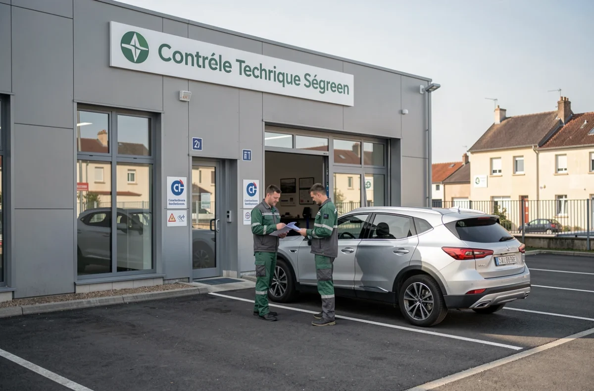 Technicien du Contrôle Technique Ségreen accompagnant un client avec son SUV vers la baie d'inspection