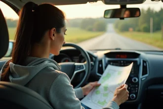 Femme calculant mentalement la conversion mph en km/h en regardant le compteur de vitesse dans une voiture sur autoroute