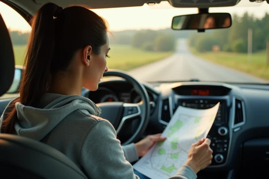 Femme calculant mentalement la conversion mph en km/h en regardant le compteur de vitesse dans une voiture sur autoroute
