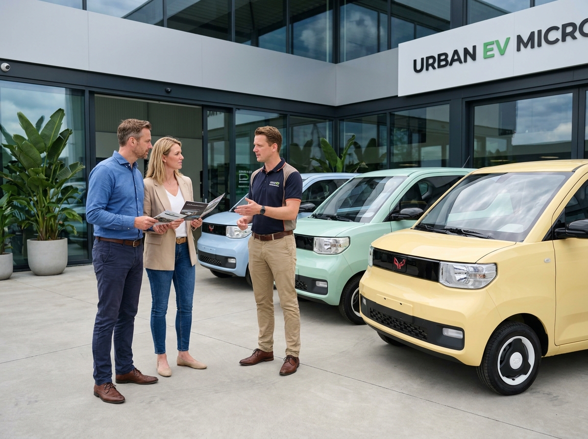Couple en train de choisir une voiture sans permis électrique chez un concessionnaire