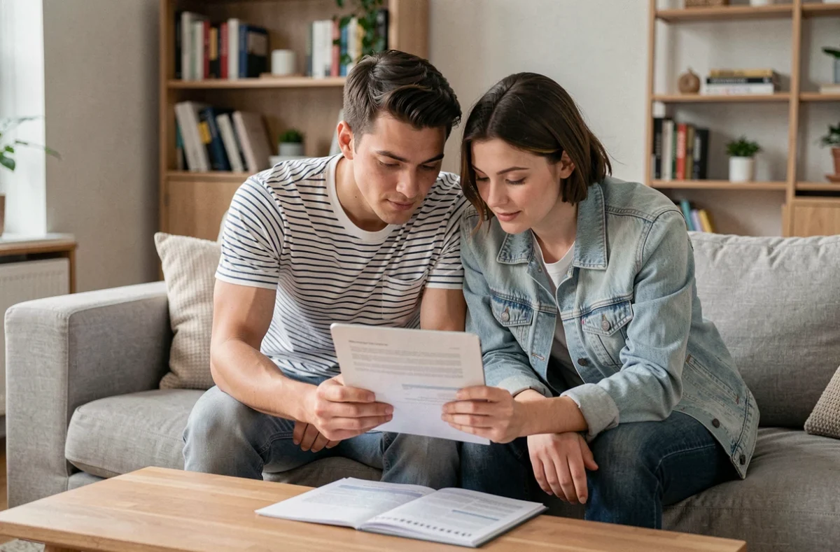 Couple de jeunes adultes consultant un contrat d'assurance auto sur une tablette dans un salon moderne