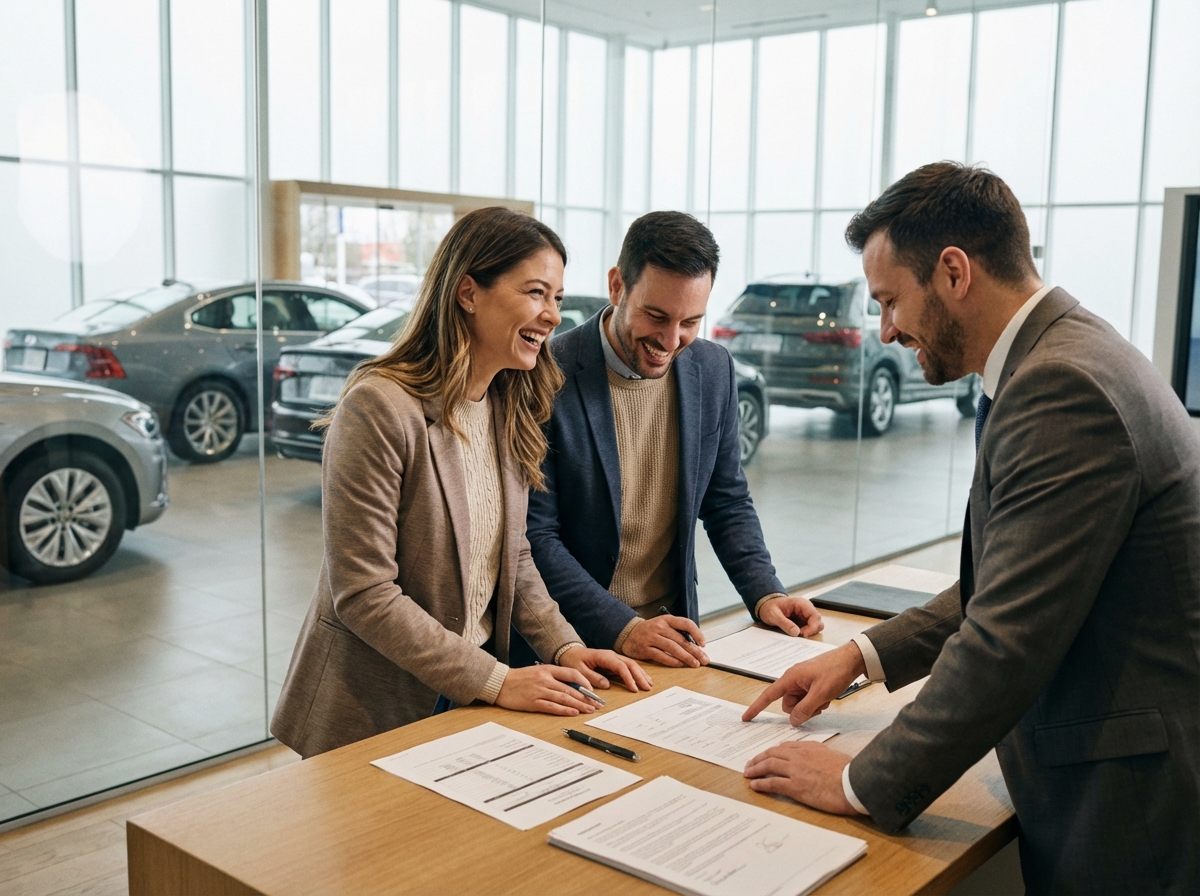 Jeune couple et vendeur examinant des documents auto