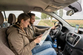 Couple en road trip économique consultant une carte routière dans une voiture sur une route nationale française