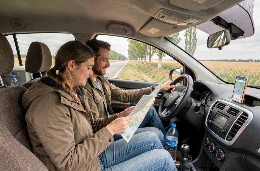 Couple en road trip économique consultant une carte routière dans une voiture sur une route nationale française