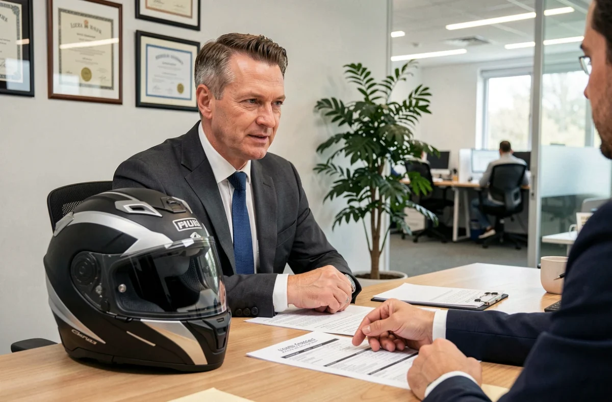 Courtier en assurance expliquant une estimation tarifaire moto à un client dans un bureau professionnel