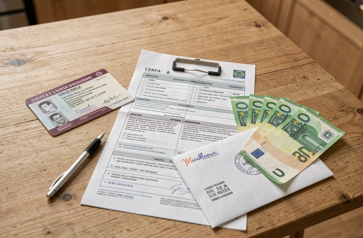 Documents et billets d'euros pour illustrer le coût de remplacement du permis de conduire en France