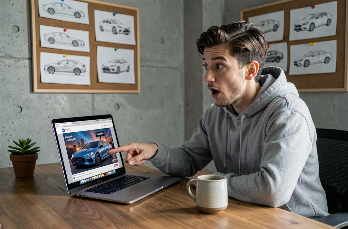 Créateur de contenu découvrant un concept viral de voiture Dacia sur son ordinateur portable dans un bureau à domicile