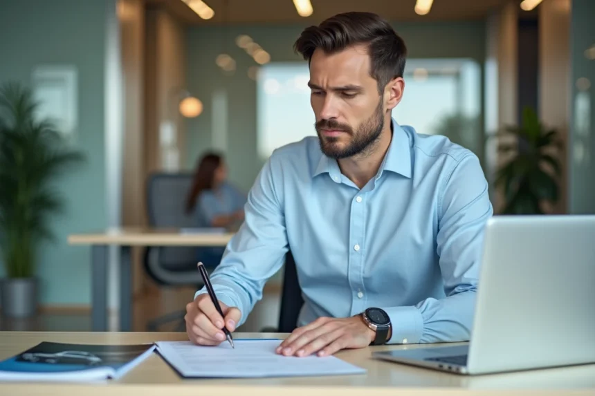 Homme signant un contrat de crédit auto sans apport dans une agence bancaire moderne