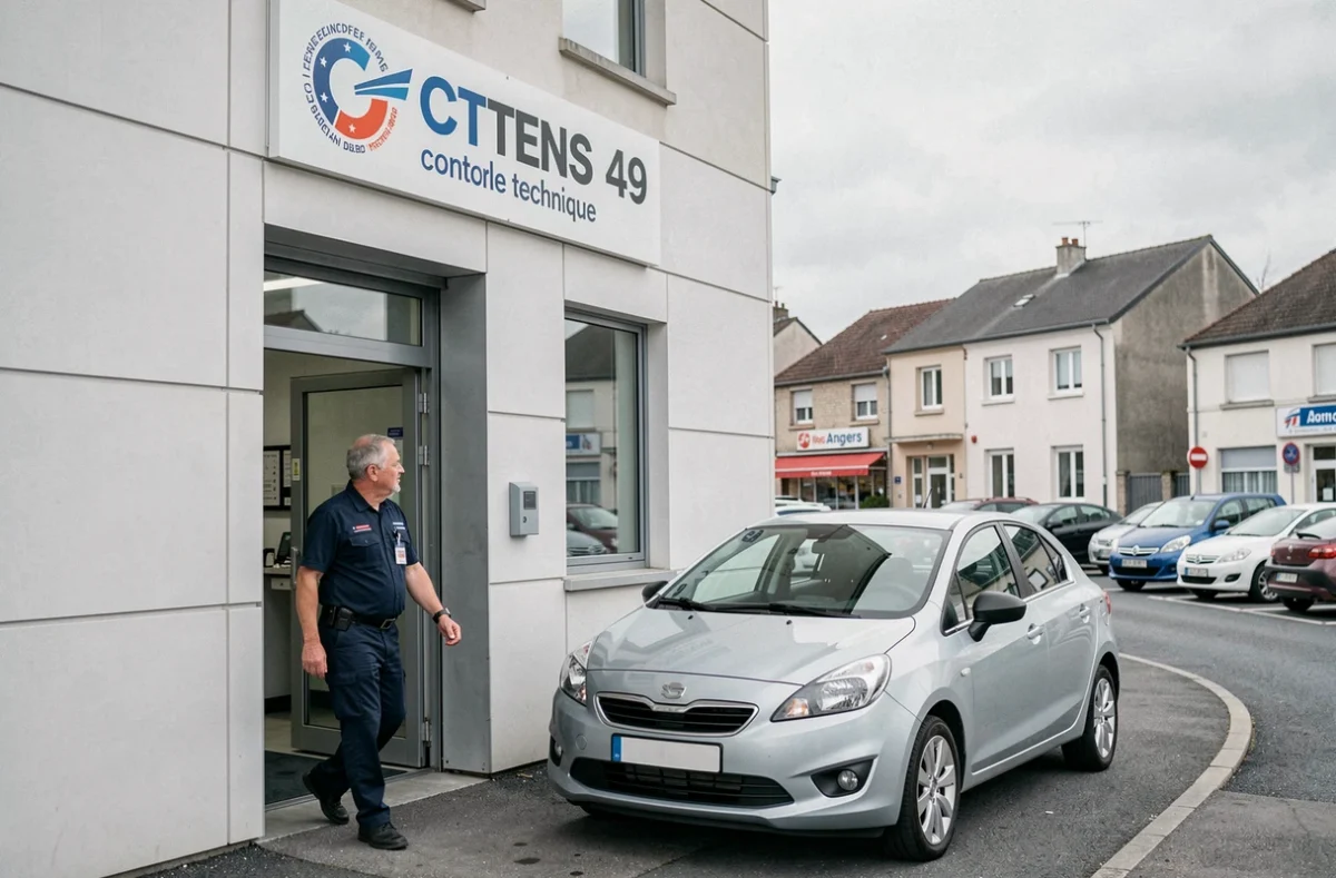 Centre de contrôle technique CT 49 à Angers avec un technicien accueillant un véhicule pour inspection
